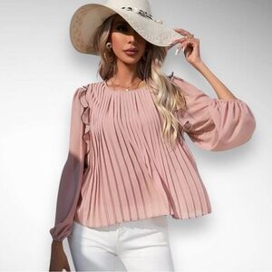 SHEIN VCAY Dusty Pink Lantern Long‎ Sleeve Blouse With Pleated Detail LG | NWOT